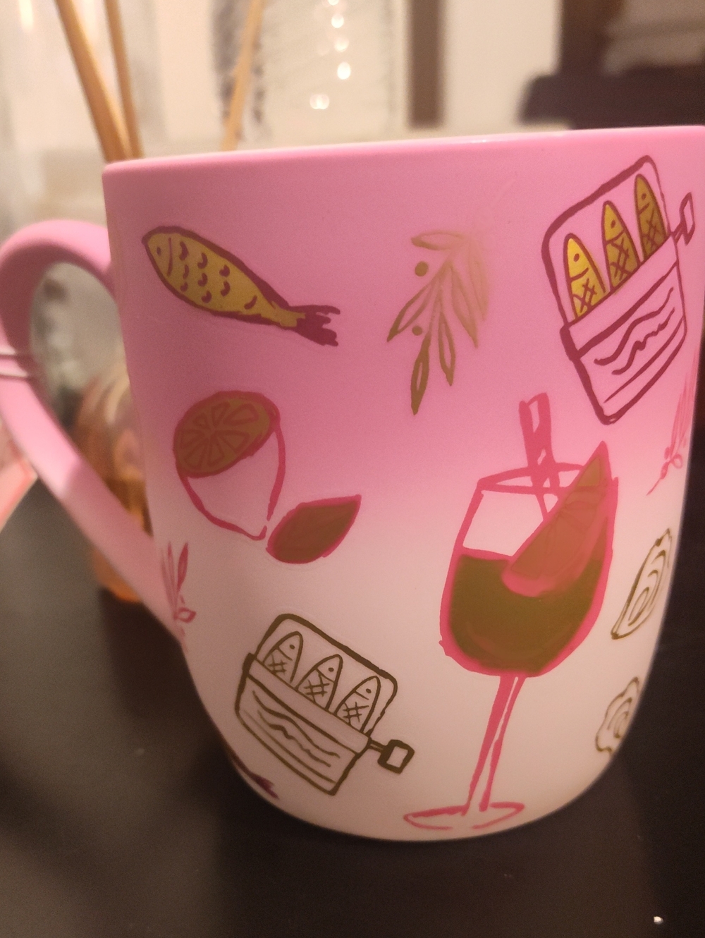 Pink Gradient Ceramic Mug with Wine & Food Motif